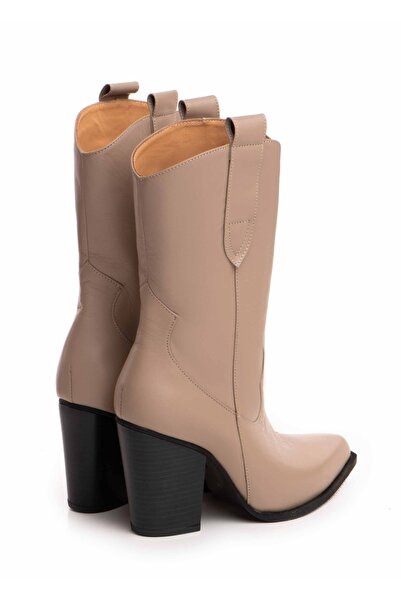 Vanilla Days Premium High-Heeled Suede Western Boots in Neutral Tone