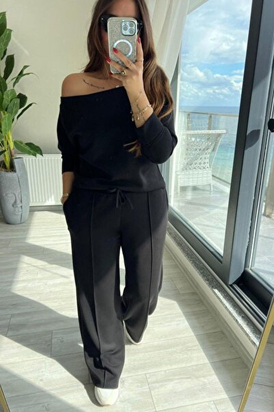 Mossta Off-Shoulder Blouse Waist-Tied Wide-Leg Pants Modal Two-Piece Set - Black