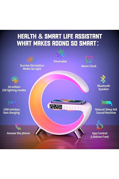 Genrics 2023 Intelligent LED 4-in-1 Table Lamp with Wireless Charger, Bluetooth Speaker & Alarm Clock (White