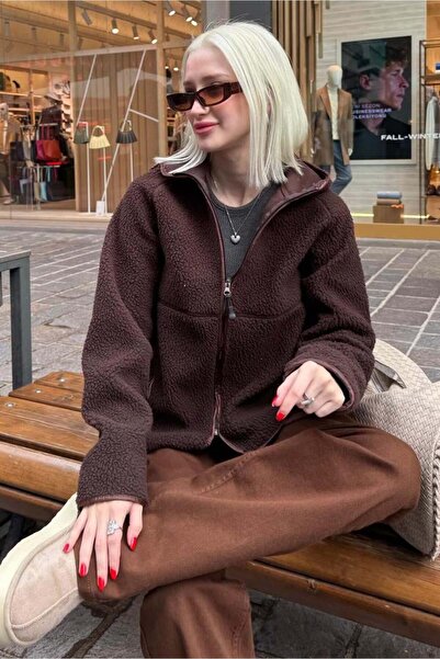 Madmext Brown Zippered Hooded Fleece Women's Jacket Mg2569