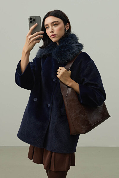 Fahhar Detachable Fur Bomber Jacket Navy Blue