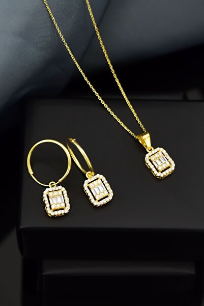 Flamingo 925 Ayar Gümüş Gold Kaplama Zirkon Kare Baget Taş Halka Küpe Ve Tepe...