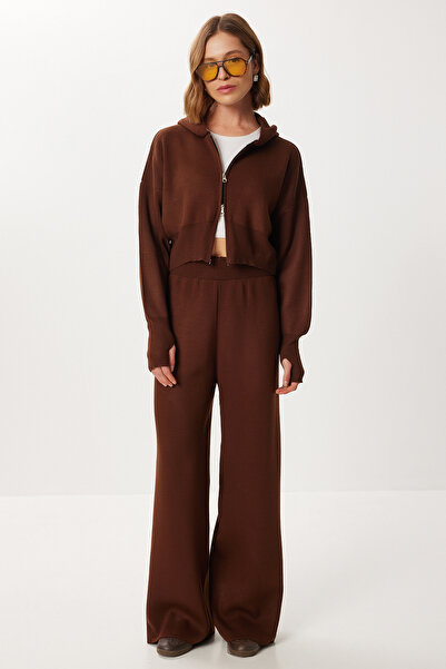 Lovelyİstanbul Zippered Cardigan Pants Knitwear Set Lci0050 Brown