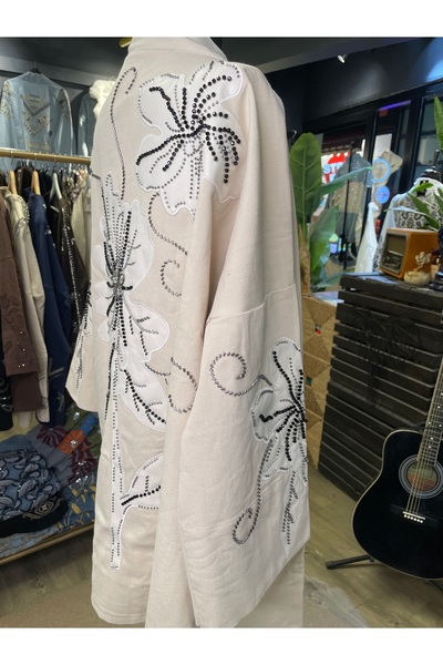 Dadali Women's Embroidered Detailed Stone-Embellished Long Sleeve Cotton Kimono