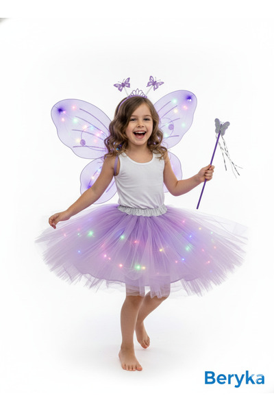 Beryka LED Işıklı Kelebek Kanat Peri Kostüm Seti | Kız Çocuk 2-10 yaş | Astar...