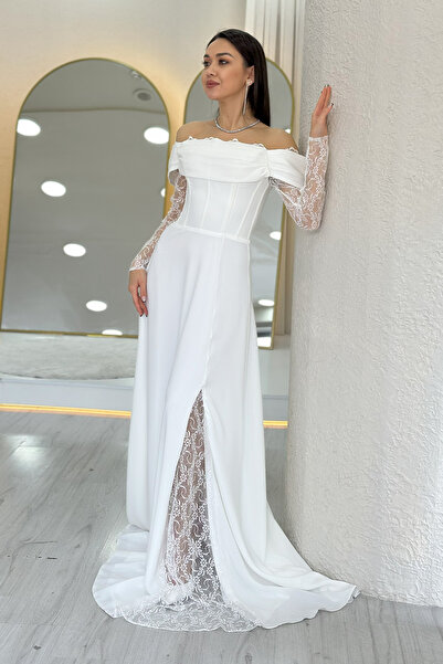 the ZKS Women's Lace Sleeves Slit Design Wedding Evening Dress White, Black