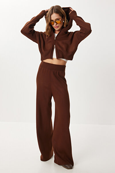 Lovelyİstanbul Zippered Cardigan Pants Knitwear Set Lci0050 Brown