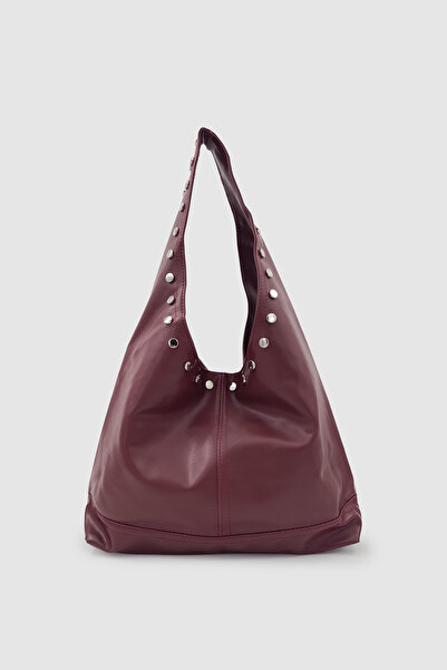 Wuclo Stula Büyük Hacimli Mıknatıslı Zımba Detaylı Hobo Omuz Çantası Bordo
