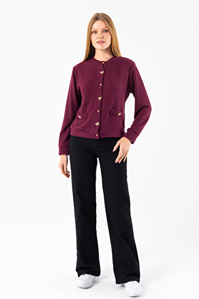 GİYSA Women's Crew Neck Buttoned Soft Textured Cardigan Burgundy - 2686