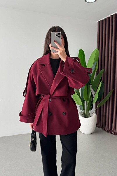solena sln Women's New Season Premium Quality Trend Belted Short Cashmere Coat