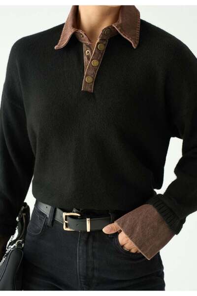 Serpirella Butik Collar Denim Detailed Sweater