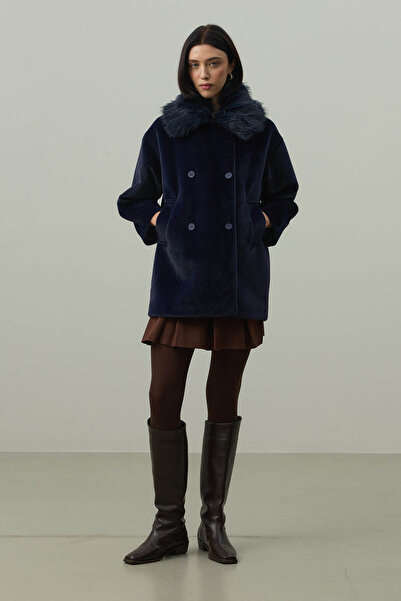 Fahhar Detachable Fur Bomber Jacket Navy Blue