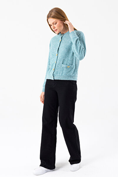 GİYSA Women's Crew Neck Buttoned Soft Textured Cardigan Green - 2686