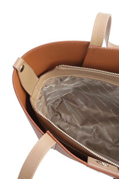CENGİZ PAKEL Women's Handbag with Card Holder Charm Detail - 7604 - Tan/Mink