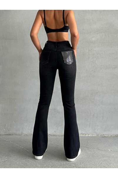 ADAMODA.RO Elastic flared jeans decorated with rhinestones on the back