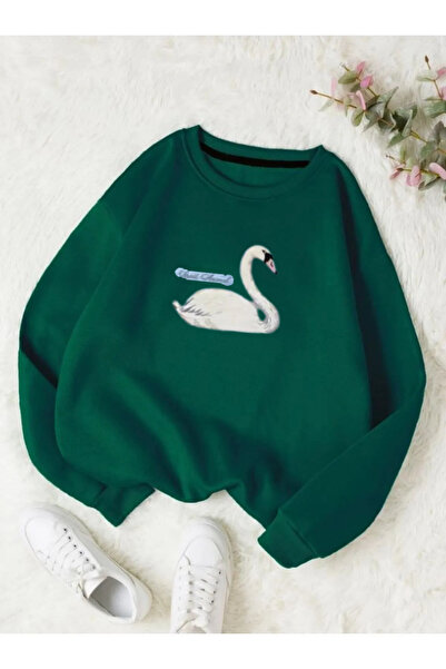 PALPİTO Women's Nefti Green Swan Printed Crew Neck Oversized Sweatshirt