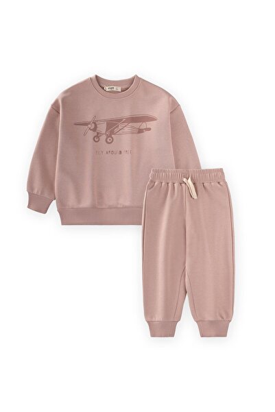 Cigit Airplane Printed Sweatshirt Set 2-10 Years Old Beige