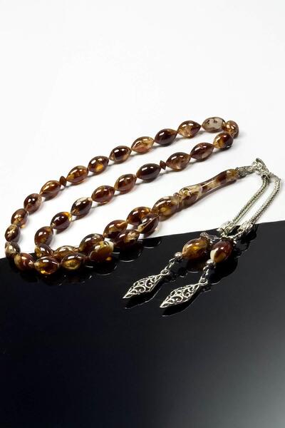 TESBİHKENTİ Double Tassel Marbled Brown Powder Amber Prayer Beads