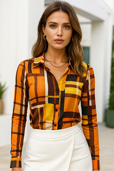 Rich Γυναικείο πουκάμισο σε καφέ σατέν - Πουκάμισο με λεπτομέρεια με κρυφά κουμπιά