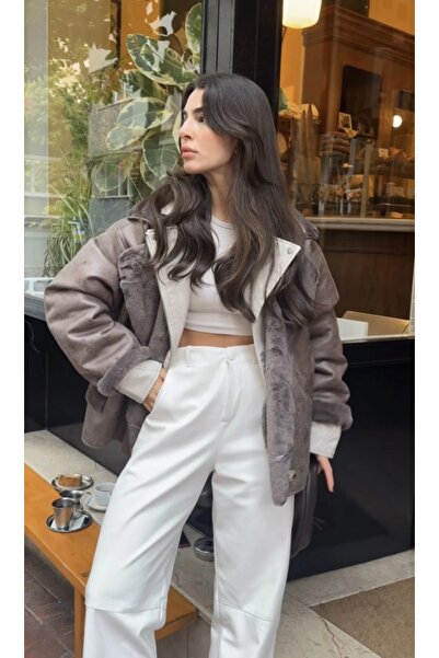 biezy Krem renk deri pantolon