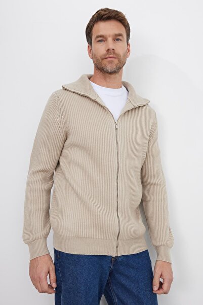 Tudors Men's Slim Fit Mock Neck Zippered Mink Plain Cardigan