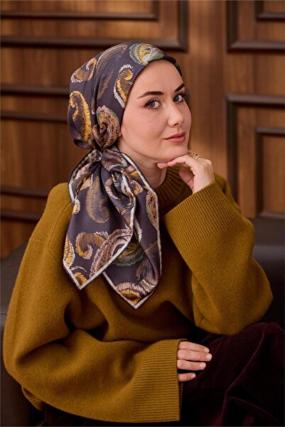 Silk Home Twill İpek Eşarp Mavi Gri-Hardal Desenli Tok Duruşlu 90x90