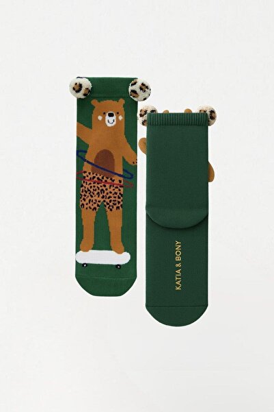 BONY SOCKS 22501K2006 Сладки детски чорапи с мече и помпони, зелени