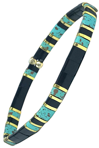 NAZLI TAKILAR سوار مصنوع يدويًا من الهيماتيت المرن والخرز الزجاجي من ميوكي تي...