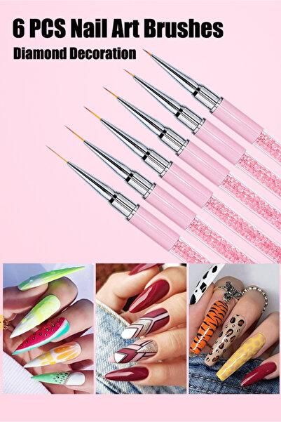 Lucky Tree مجموعة فرش تزيين الأظافر، مكونة من 6 قطع مع زخارف ماسية، وفرشاة تحديد الأظافر، وأداة للخطوط الطويلة