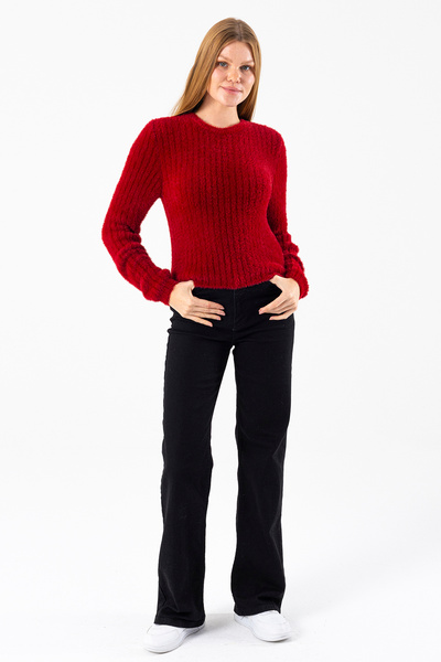 GİYSA Women's Crew Neck Corded Fabric Detailed Knitwear Sweater Claret Red - 25-567