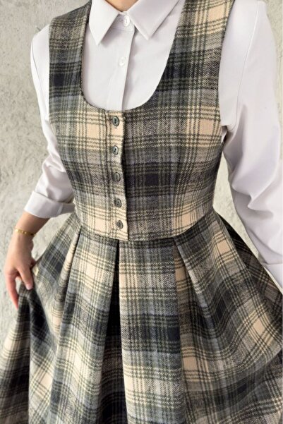 hrmonny Vintage Women's Modest Winter V-Neck Retro Gilet Dress Khaki Plaid Height 140 cm