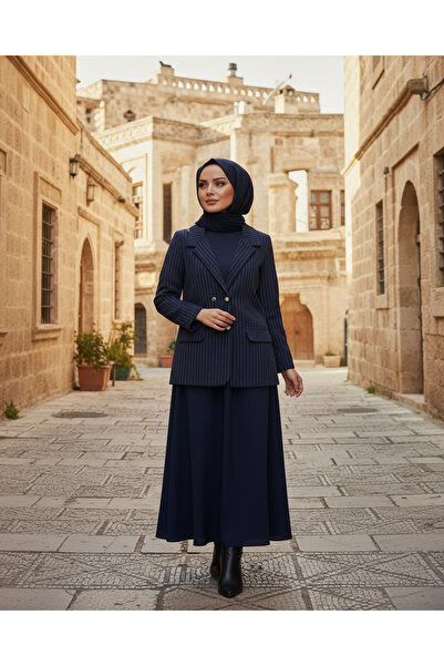 Ahi Navy Blue Striped Women's Jacket Skirt Set