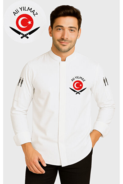 Üniformanya İsim Türk Bayrağı ve Bıçak Nakışı Hediyeli Beyaz Uzun Kollu Kişiy...