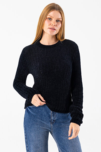 GİYSA Women's Crew Neck Corded Fabric Detailed Knitwear Sweater Black - 25-567