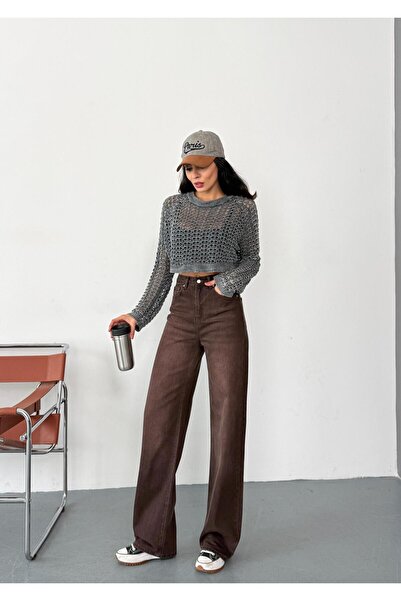 Zeo Basic Women's Brown Grinding Wide-Leg Jean High-Waisted Wide-Leg Jeans