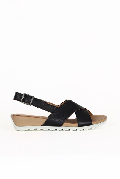 Bueno Shoes Μαύρα δερμάτινα γυναικεία φλατ σανδάλια 01wj0800