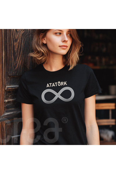 Crea Eymer Wear Crystal Stone Sonsuz Atatürk με τύπωμα - Μπλουζάκι με στάμπα από βαμβάκι με λαιμόκοψη Μαύρο-Μαύρο - Λευκό - Λευκό