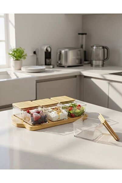 Buğra Home 6 Lı Ahşap Standlı Kapaklı mika Kahvaltılık - Çerezlik -baharatlık Takımı - Kahvaltı Sunum Seti