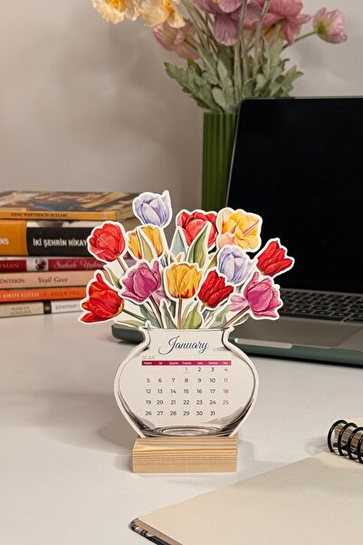 tifopix Ahşap Ayaklı Çiçekli Tasarım Masa Takvimi 2026 Lale takvim Öğretmenler Günü Hediyesi