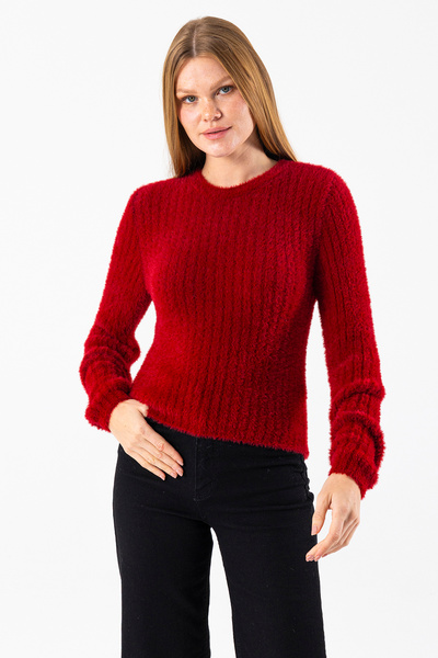 GİYSA Women's Crew Neck Corded Fabric Detailed Knitwear Sweater Claret Red - 25-567