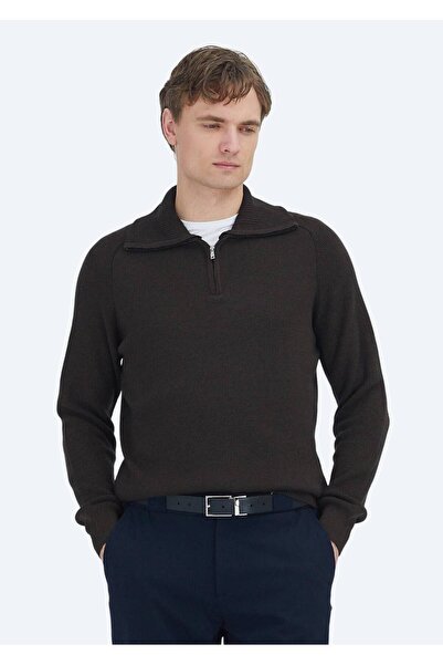 Ramsey Brown Half Turtleneck Plain Knit Wool Blend Sweater