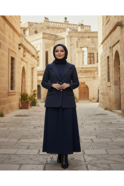 Ahi Navy Blue Striped Women's Jacket Skirt Set