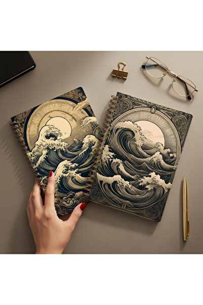 lin notebook 2’li Spiral Telli Defter Seti 80 Yaprak 70 gr Özel Dalga Tasarımlı Çizgisiz A5 Defter