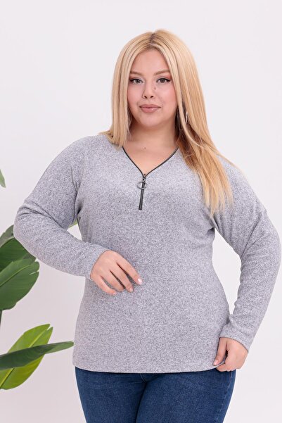 Siyezen Plus Size Zipper Detailed Sweater