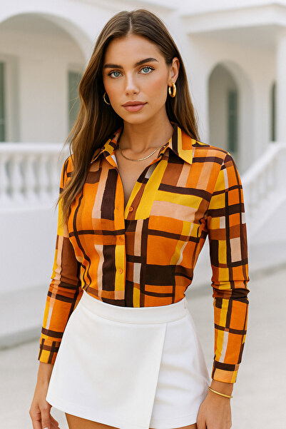 Rich Γυναικείο πουκάμισο σε καφέ σατέν - Πουκάμισο με λεπτομέρεια με κρυφά κουμπιά