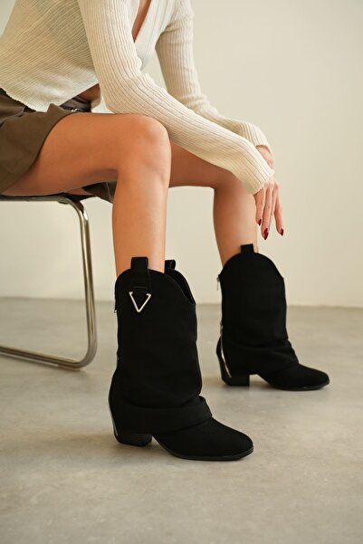 MODAADAM Cizme de cowboy argintii pentru femei - piele intoarsa neagra