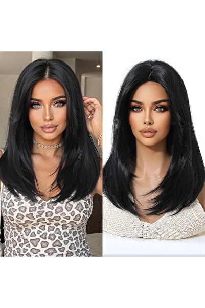 animis beauty Μαύρη περούκα, συνθετική ίνα υψηλής ποιότητας με όψη, μεσαίου ίσιου μαλλί, με ημι-φράντζα, 40 εκ.