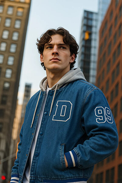 DAMGA JEANS معطف جامعي من الدنيم الأزرق ذو قلنسوة فضفاضة للرجال