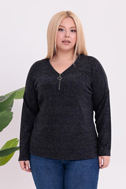 Siyezen Plus Size Zipper Detailed Sweater