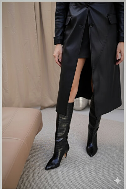 leopar by çetinay 911 Valentina Luxe Croco | Kadın Krokodil Desenli Cilt Deri Diz Altı İnce Topuklu Çizme-Şık & Zarif